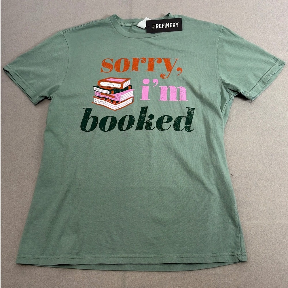 The Refinery District Wash Sorry I'm Booked Graphic Tee Sage Green Small NWT